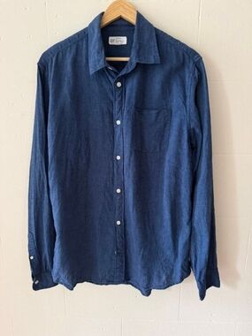 Linen Cotton Chambray Button Down Shirt GAP Standard Fit M Blue